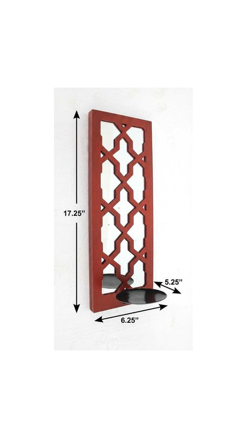17" Red And Silver Geometric Solid Wood Wall Sconce Candle Holder