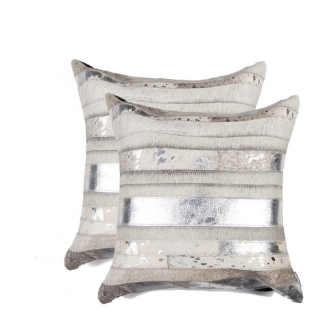 Set of Two 18" Silver And Gray Cowhide Throw Pillows