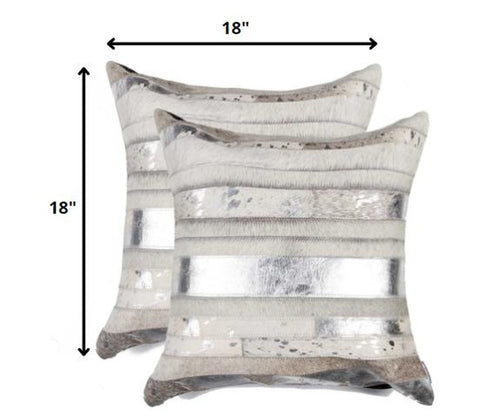 Set of Two 18" Silver And Gray Cowhide Throw Pillows