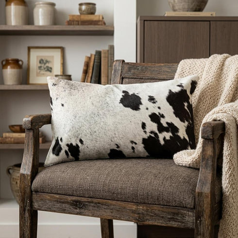 12" X 20" Chocolate And White Abstract Spots Cowhide Throw Pillow