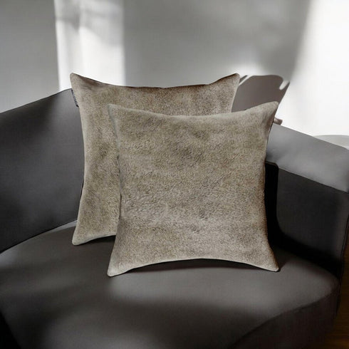 Set of Two 18" Gray Cowhide Throw Pillows