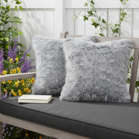18" X 18" X 5" Grey Faux Fur Pillow 2 Pack