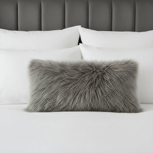 17" Grey Genuine Tibetan Lamb Fur Pillow With Microsuede Backing