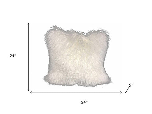 24" Bright White Genuine Tibetan Lamb Fur Pillow With Microsuede Backing