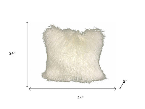 24" Creamy Genuine Tibetan Lamb Fur Pillow With Microsuede Backing