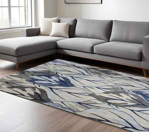 8' X 11' Gray And Navy Blue Botanical Leaves Area Rug
