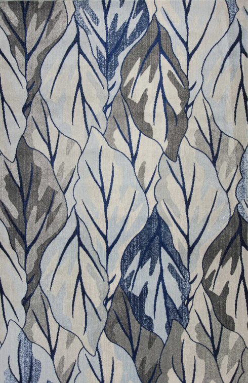 8' X 11' Gray And Navy Blue Botanical Leaves Area Rug