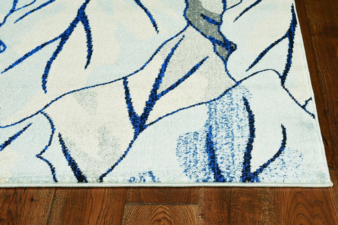 8' X 11' Gray And Navy Blue Botanical Leaves Area Rug