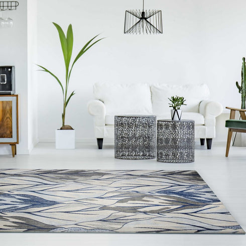 8' X 11' Gray And Navy Blue Botanical Leaves Area Rug