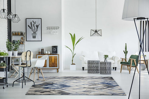 8' X 11' Gray And Navy Blue Botanical Leaves Area Rug