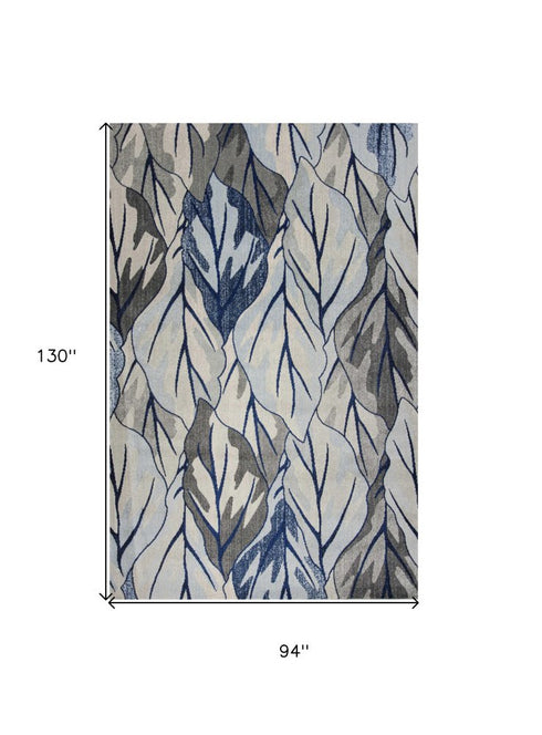 8' X 11' Gray And Navy Blue Botanical Leaves Area Rug