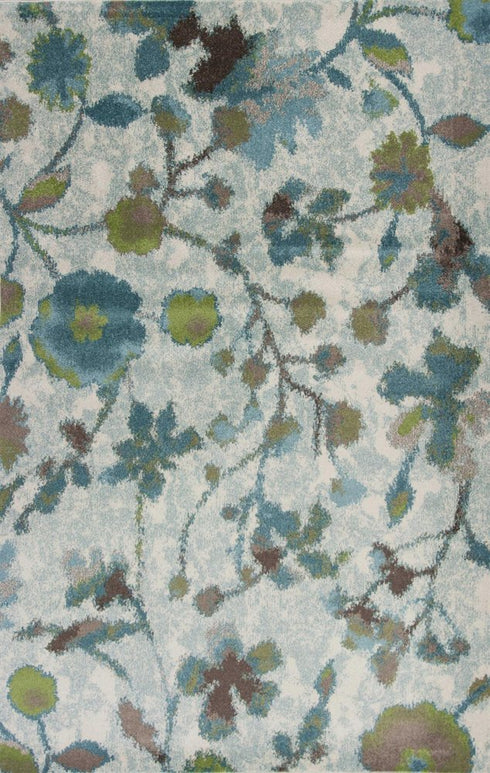 8' X 11' Teal Blue White And Green Floral Vines Area Rug