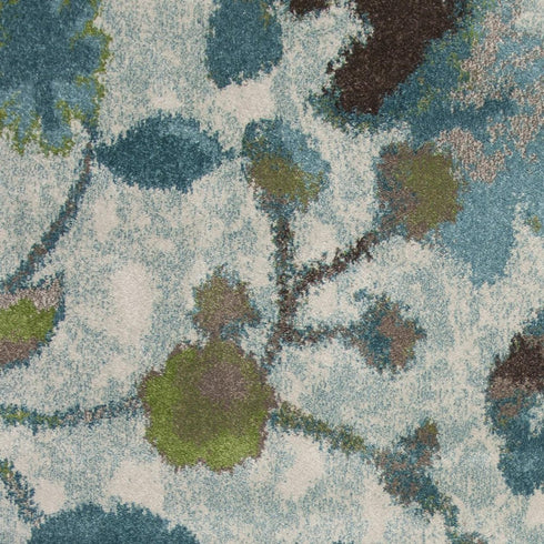 8' X 11' Teal Blue White And Green Floral Vines Area Rug