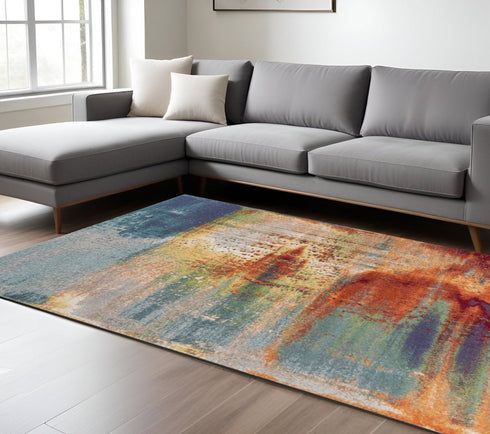 8' X 11' Blue Rust And Orange Abstract Area Rug