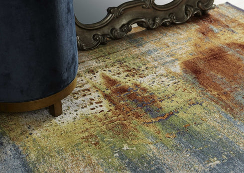 8' X 11' Blue Rust And Orange Abstract Area Rug