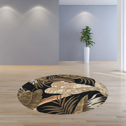 8' X 11' Black Beige And Brown Wool Botanical Leaves Hand Tufted Area Rug