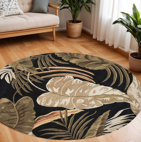 8' X 11' Black Beige And Brown Wool Botanical Leaves Hand Tufted Area Rug