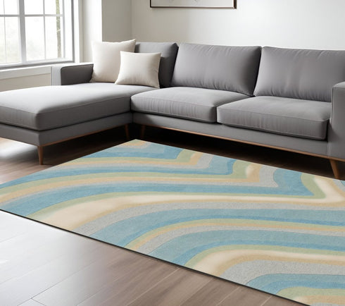 8' X 10' Blue Beige And Green Wool Abstract Hand Tufted Area Rug