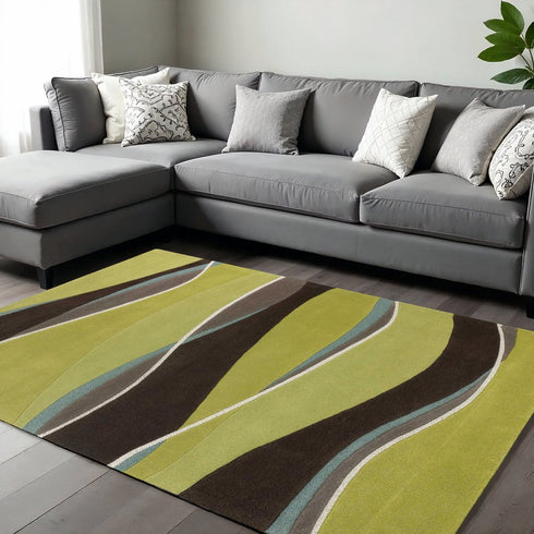 8' X 11' Lime Green Brown And Blue Wool Abstract Hand Tufted Area Rug