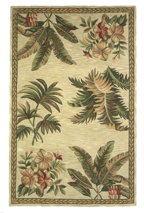 8' X 11' Ivory Green And Brown Wool Tropical Botanical Hand Tufted Area Rug