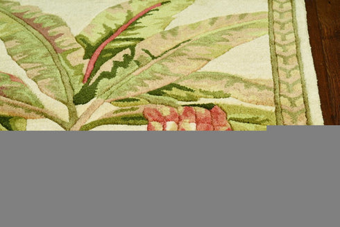 8' X 11' Ivory Green And Brown Wool Tropical Botanical Hand Tufted Area Rug