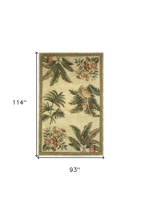 8' X 11' Ivory Green And Brown Wool Tropical Botanical Hand Tufted Area Rug