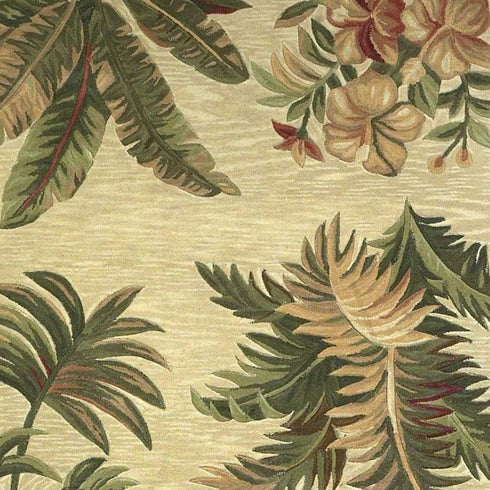 8' X 11' Ivory Green And Brown Wool Tropical Botanical Hand Tufted Area Rug