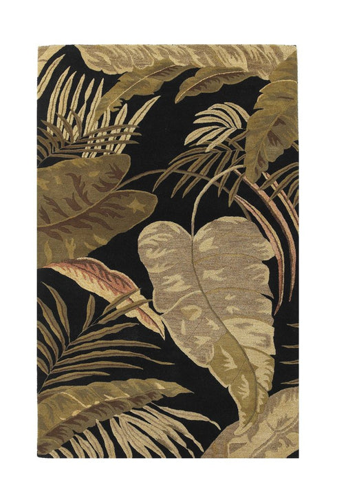 8' X 11' Black Beige And Brown Wool Botanical Leaves Hand Tufted Area Rug
