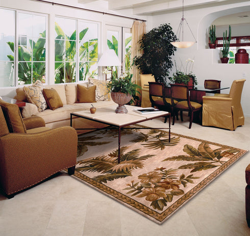 8' X 11' Ivory Green And Brown Wool Tropical Botanical Hand Tufted Area Rug