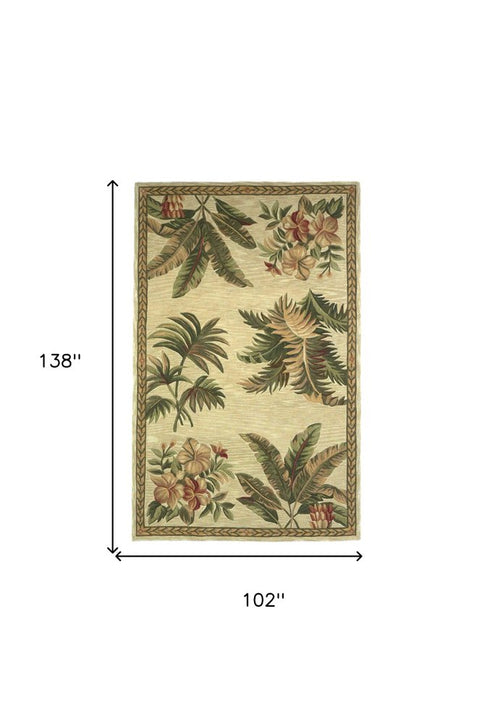 8' X 11' Ivory Green And Brown Wool Tropical Botanical Hand Tufted Area Rug