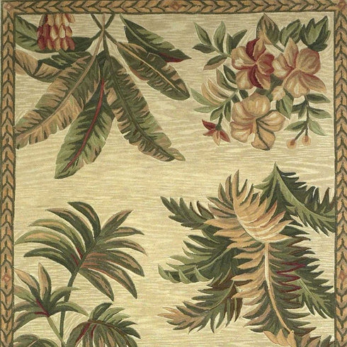 8' X 11' Ivory Green And Brown Wool Tropical Botanical Hand Tufted Area Rug