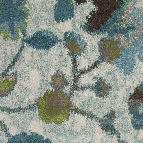 8' X 11' Teal Blue White And Green Floral Vines Area Rug