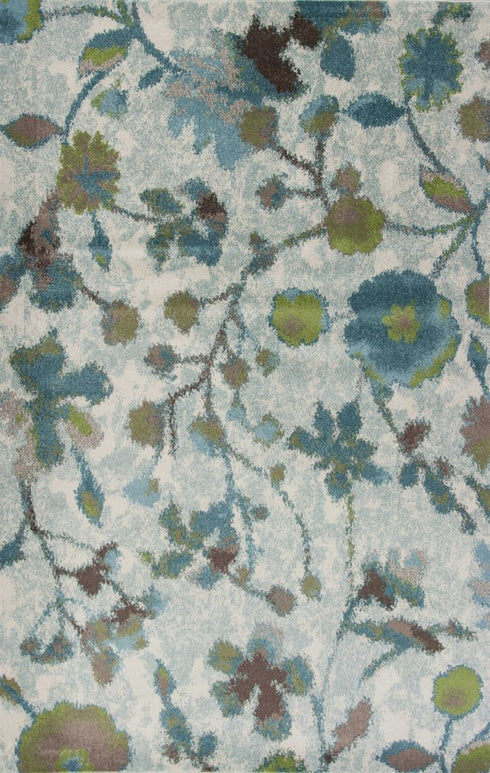 8' X 11' Teal Blue White And Green Floral Vines Area Rug