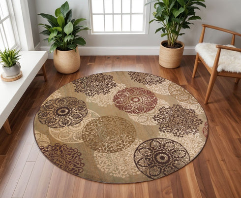 8' X 11' Sage Brown And Ivory Floral Medallion Area Rug