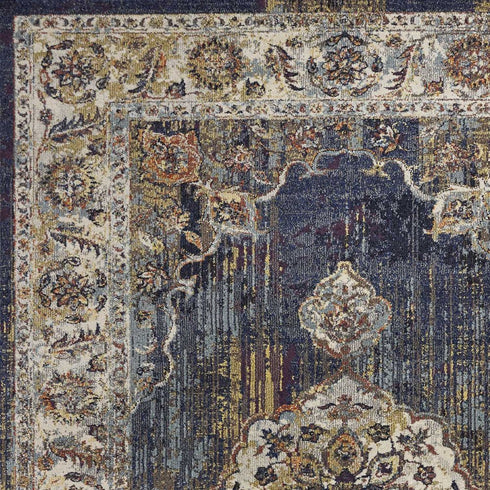 5' X 8' Navy Blue Gold And Ivory Medallion Area Rug