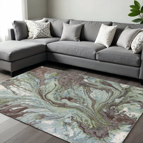 7' X 10' Green And Brown Abstract Area Rug