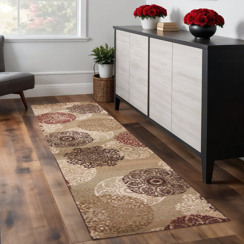8' X 11' Sage Brown And Ivory Floral Medallion Area Rug
