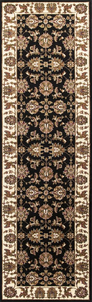 8' Black Ivory And Brown Floral Medallion Runner Rug