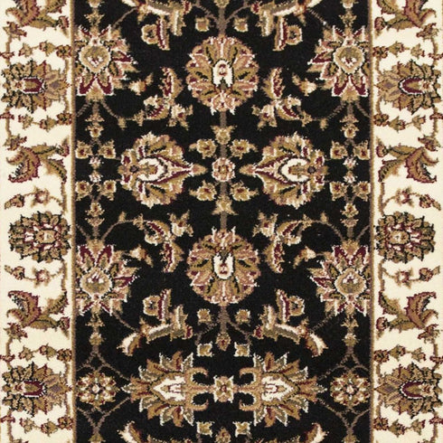 8' Black Ivory And Brown Floral Medallion Runner Rug