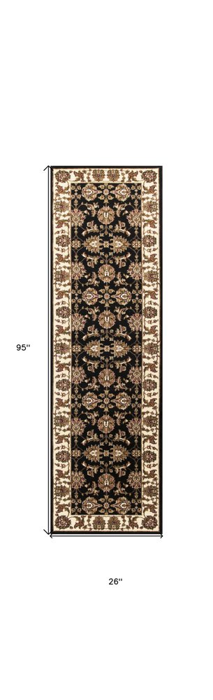 8' Black Ivory And Brown Floral Medallion Runner Rug