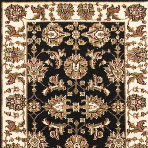 8' Black Ivory And Brown Floral Medallion Runner Rug