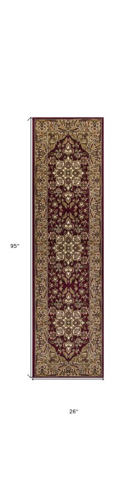 8' Red And Beige Floral Medallion Runner Rug