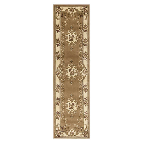 8' Beige Ivory And Brown Floral Medallion Runner Rug