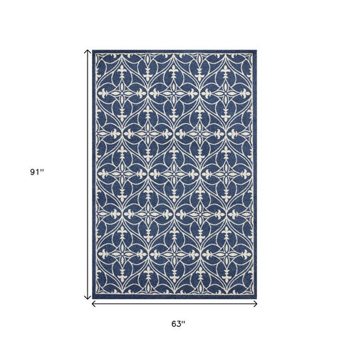 5' X 8' Blue And Ivory Floral Medallion Area Rug