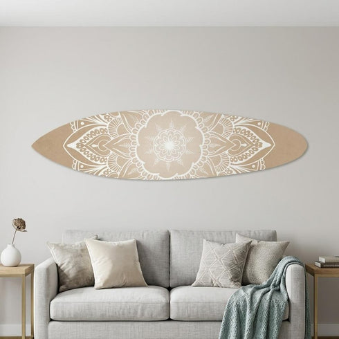 76" X 18" Tan and White Surfboard Floral Medallion Wood Hanging Dimensional Sculpture