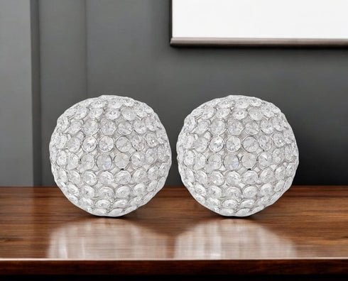Set of Two Silver And Clear Faux Crystal And Metal Orb Decorative Tabletop Sculptures