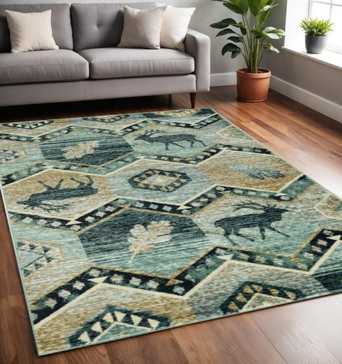 5' X 8' Blue And White Woodland Lodge Area Rug
