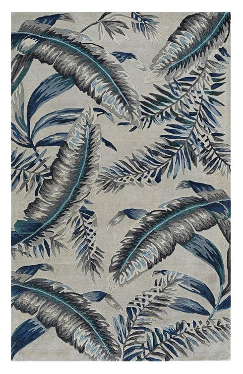 5' X 8' Blue and Gray Wool Botanical Leaves Hand Tufted Area Rug