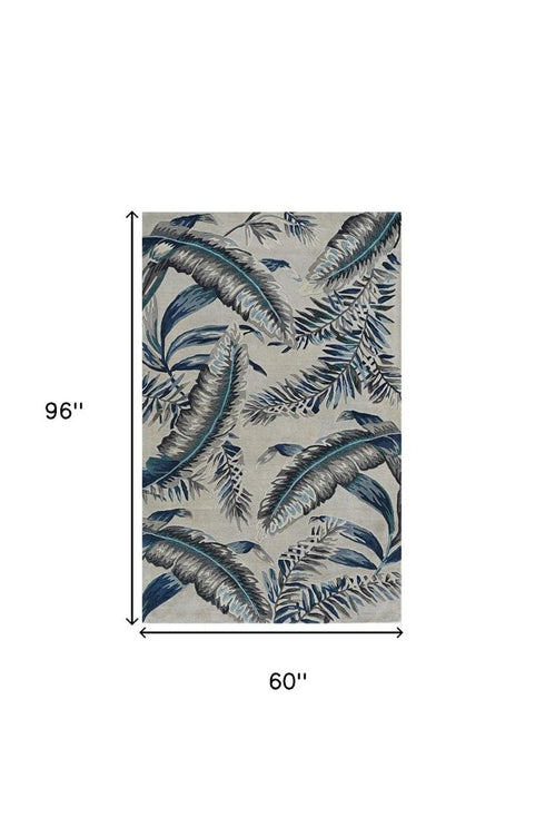 5' X 8' Blue and Gray Wool Botanical Leaves Hand Tufted Area Rug