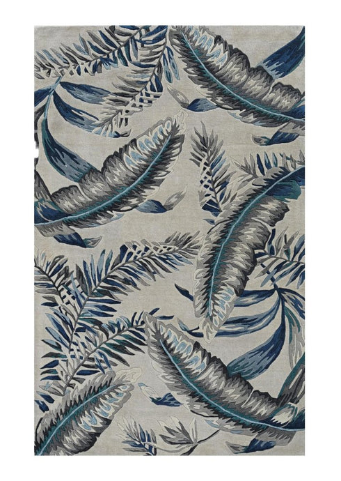 5' X 8' Blue and Gray Wool Botanical Leaves Hand Tufted Area Rug